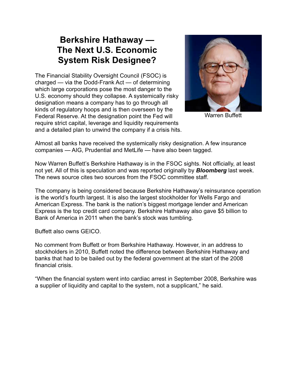 Berkshire Hathaway: the Next US Economic System Risk
