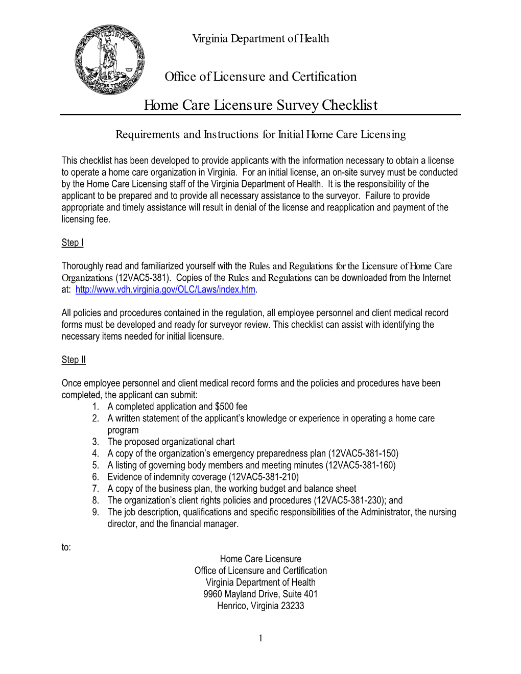 Home Care Licensure Survey Checklist