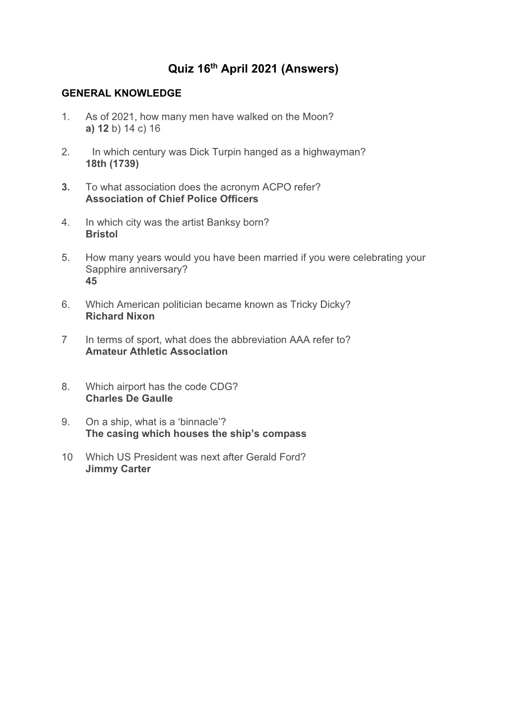 Quiz 16Th April 2021 (Answers)