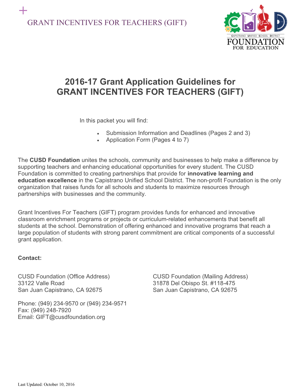 2016-17 Grant Application Guidelines for GRANT INCENTIVES for TEACHERS (GIFT)