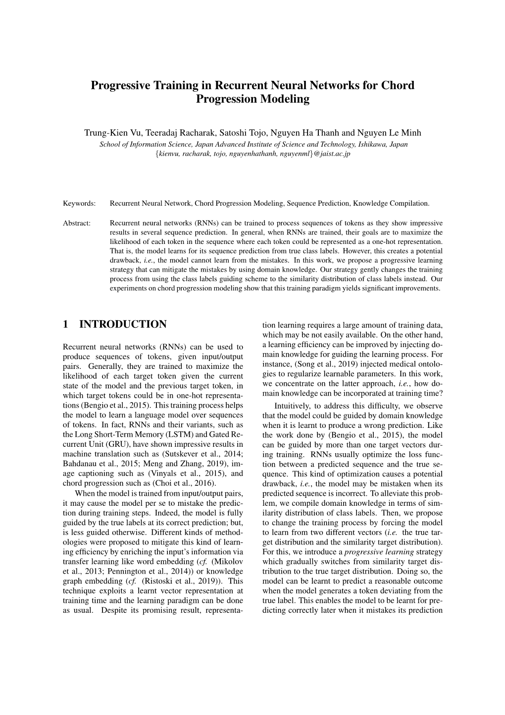 Progressive Training in Recurrent Neural Networks for Chord Progression Modeling