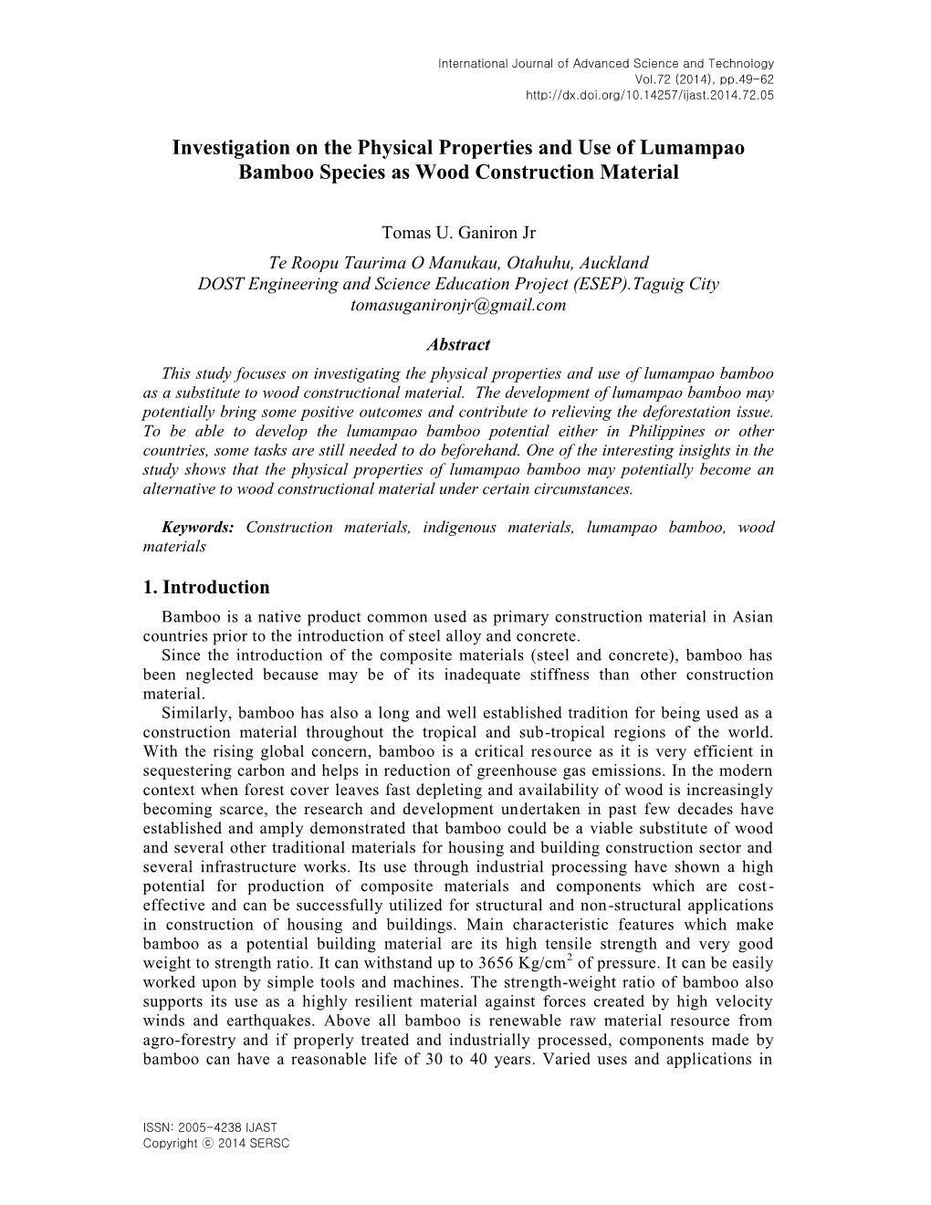 Investigation on the Physical Properties and Use of Lumampao Bamboo Species As Wood Construction Material