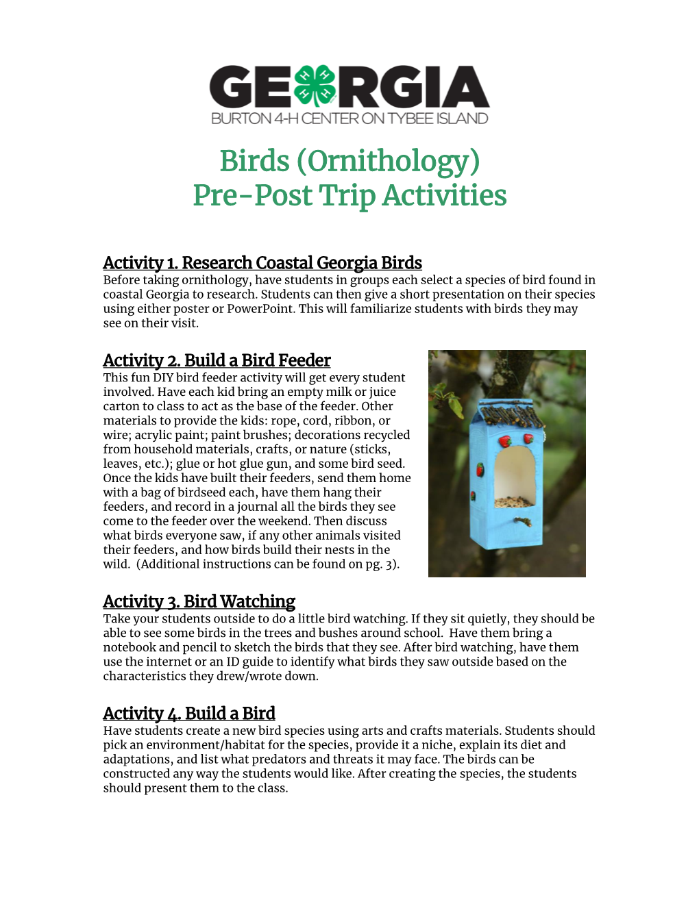 Birds (Ornithology) Pre-Post Trip Activities