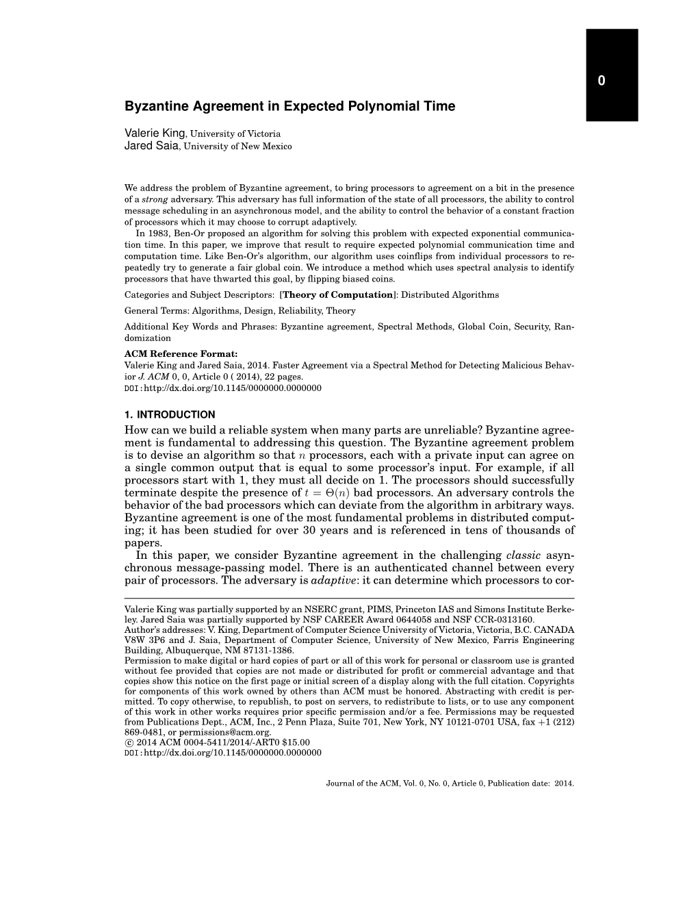 0 Byzantine Agreement in Expected Polynomial Time