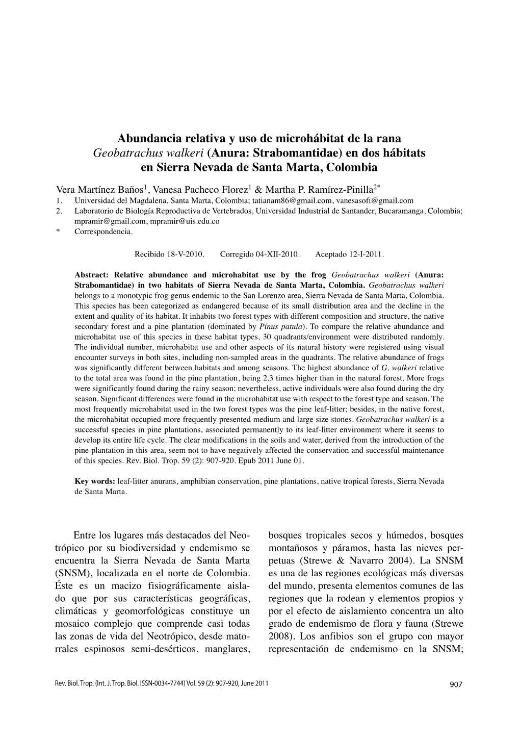 Abundancia Relativa Y Uso De Microhábitat De La Rana Geobatrachus Walkeri (Anura: Strabomantidae) En Dos Hábitats En Sierra Nevada De Santa Marta, Colombia