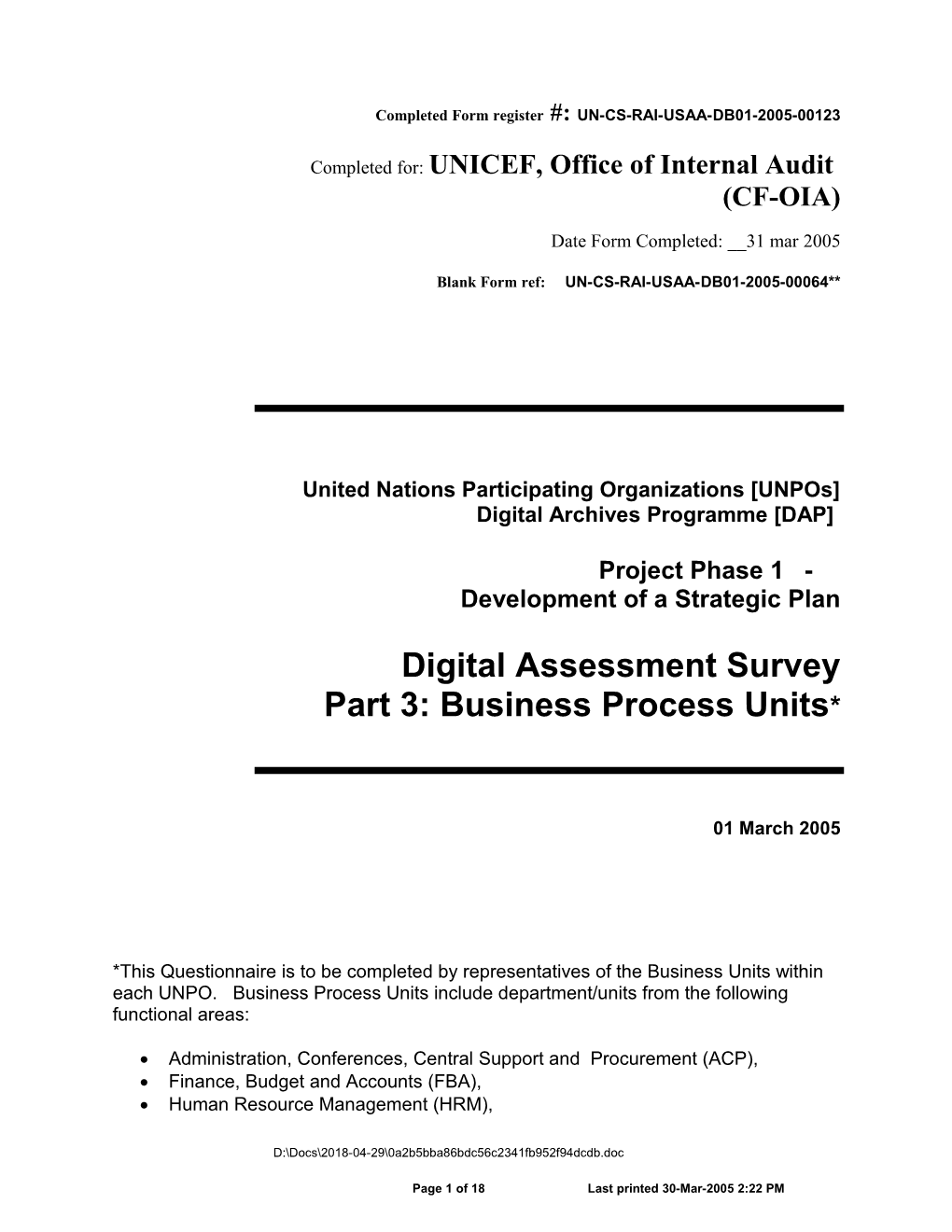 Completed Form Register #: UN-CS-RAI-USAA-DB01-2005-00123