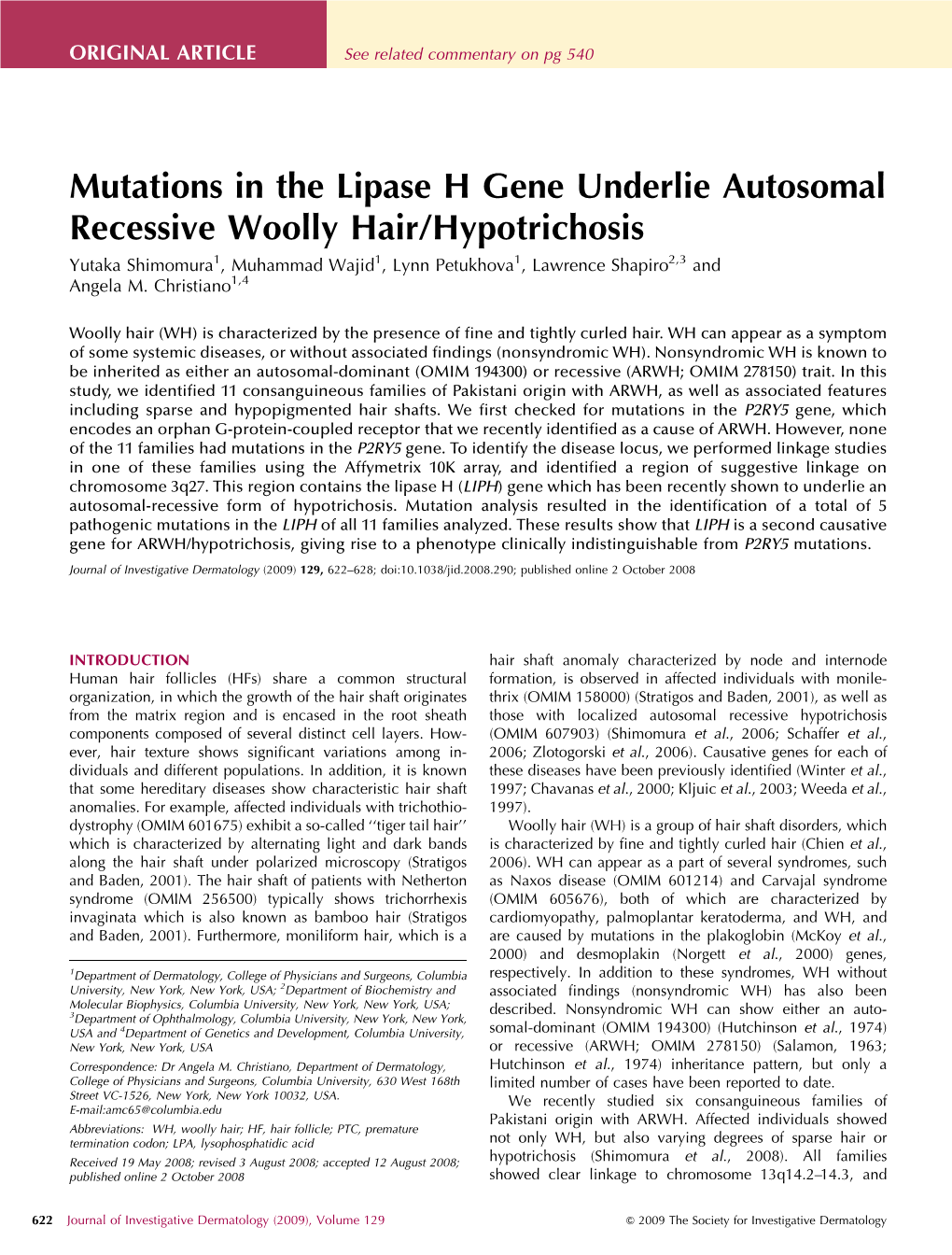 Mutations in the Lipase H Gene Underlie Autosomal Recessive