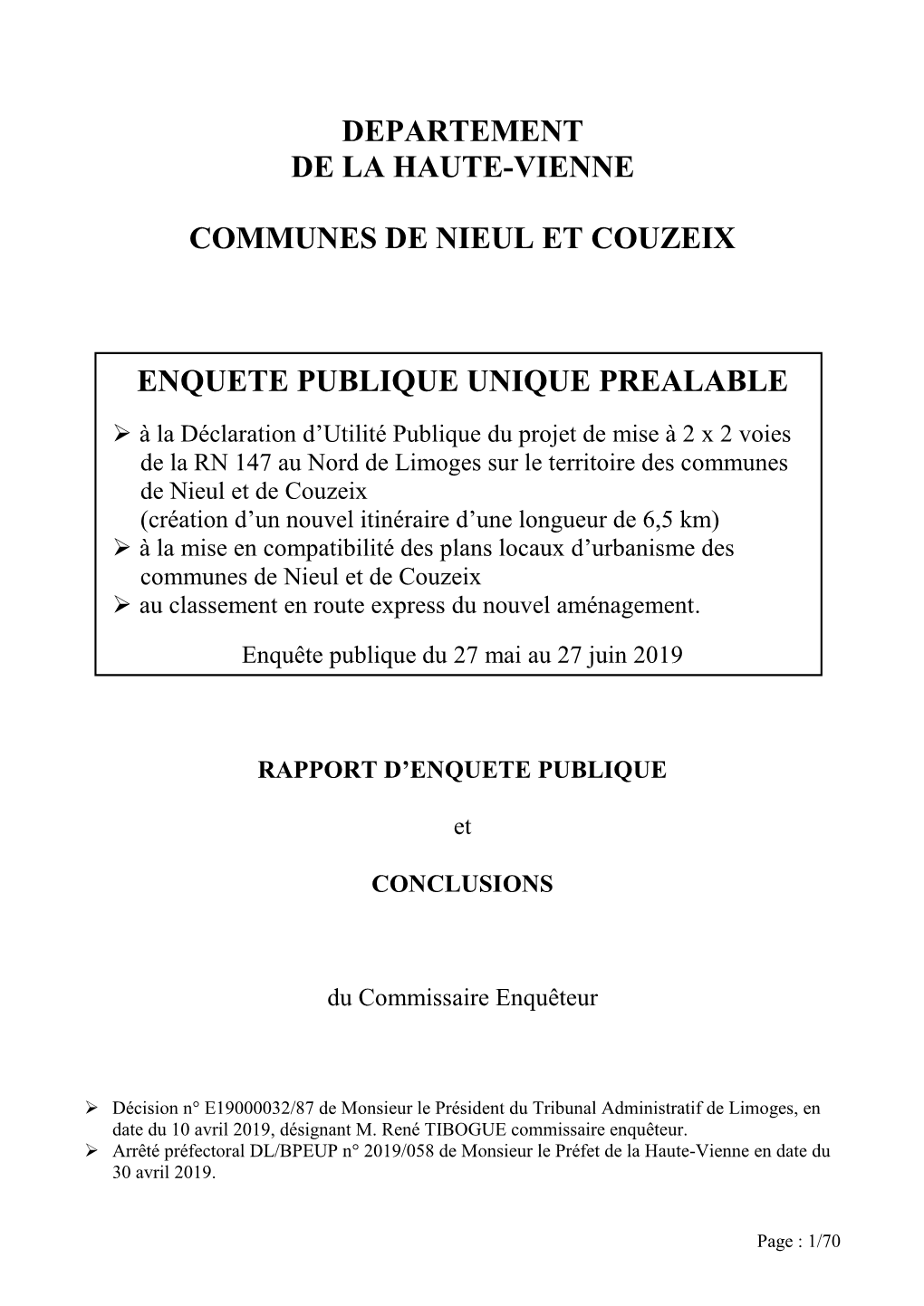 Departement De La Haute-Vienne Communes De Nieul Et Couzeix Enquete Publique Unique Prealable