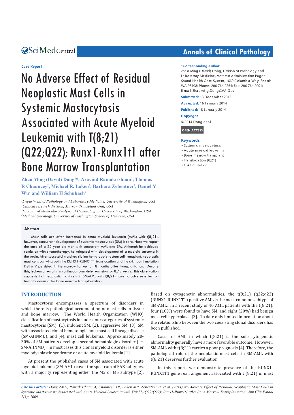 No Adverse Effect of Residual Neoplastic Mast Cells in Systemic Mastocytosis Associated with Acute Myeloid Leukemia with T(8;21)