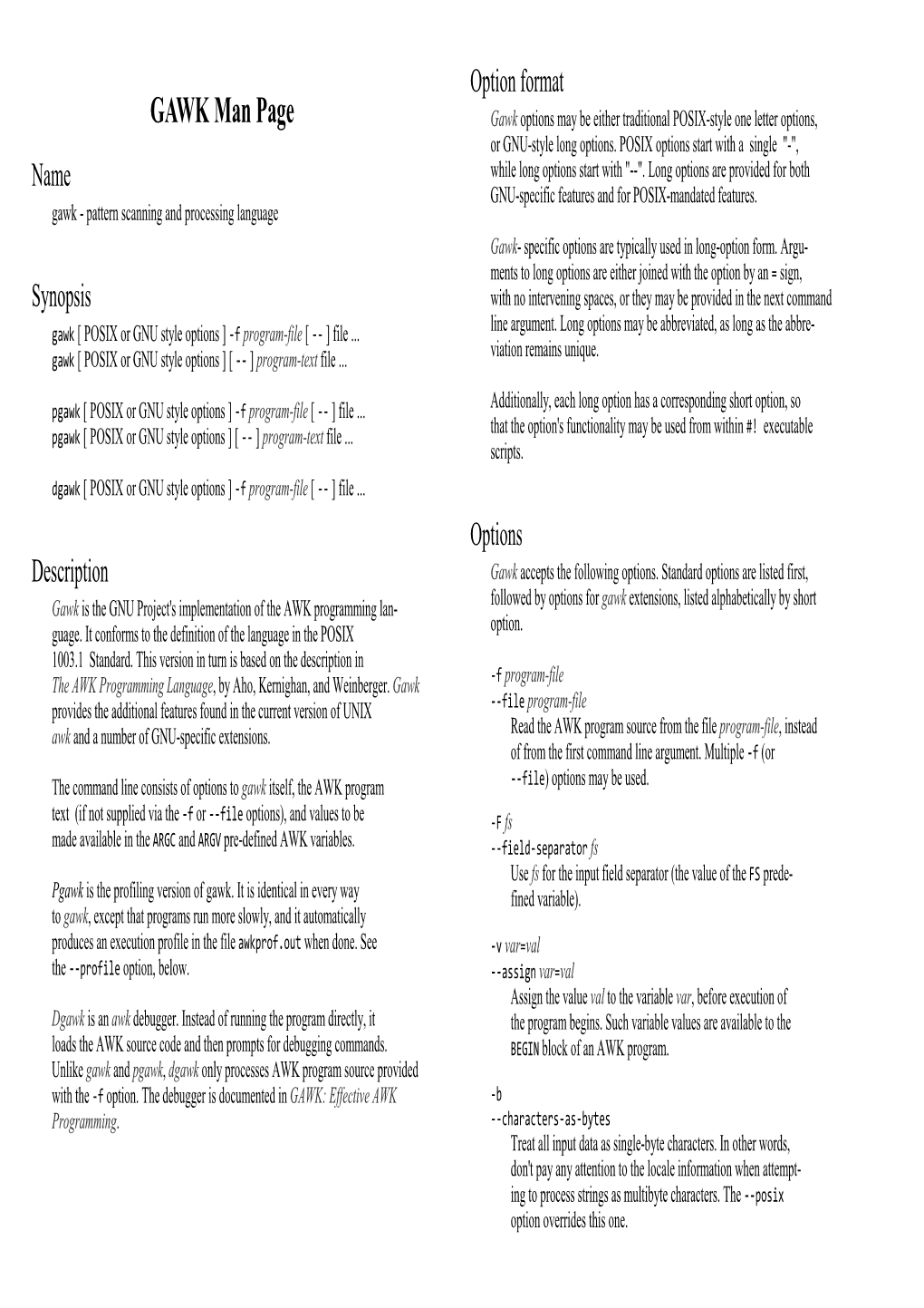 GAWK Man Page Gawk Options May Be Either Traditional POSIX-Style One Letter Options, Or GNU-Style Long Options