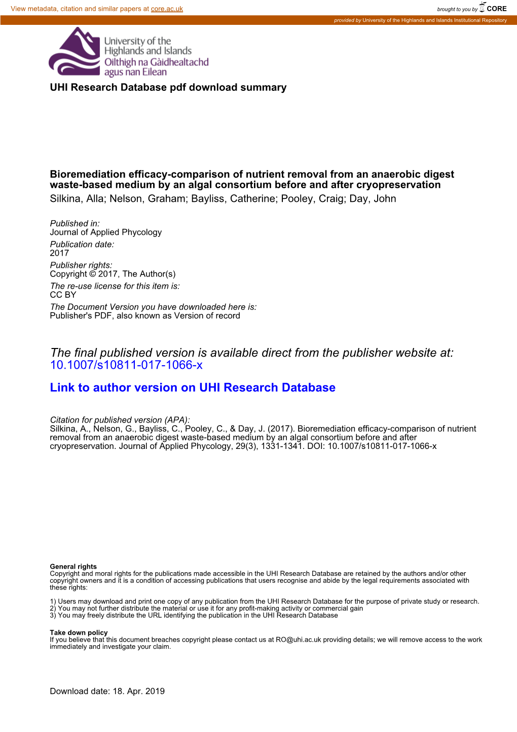 Bioremediation Efficacy—Comparison of Nutrient Removal from an Anaerobic Digest Waste-Based Medium by an Algal Consortium Before and After Cryopreservation