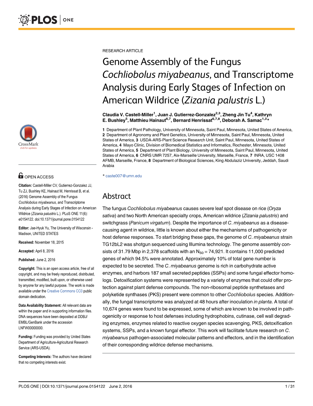 Genome Assembly of the Fungus Cochliobolus Miyabeanus, and Transcriptome Analysis During Early Stages of Infection on American Wildrice (Zizania Palustris L.)