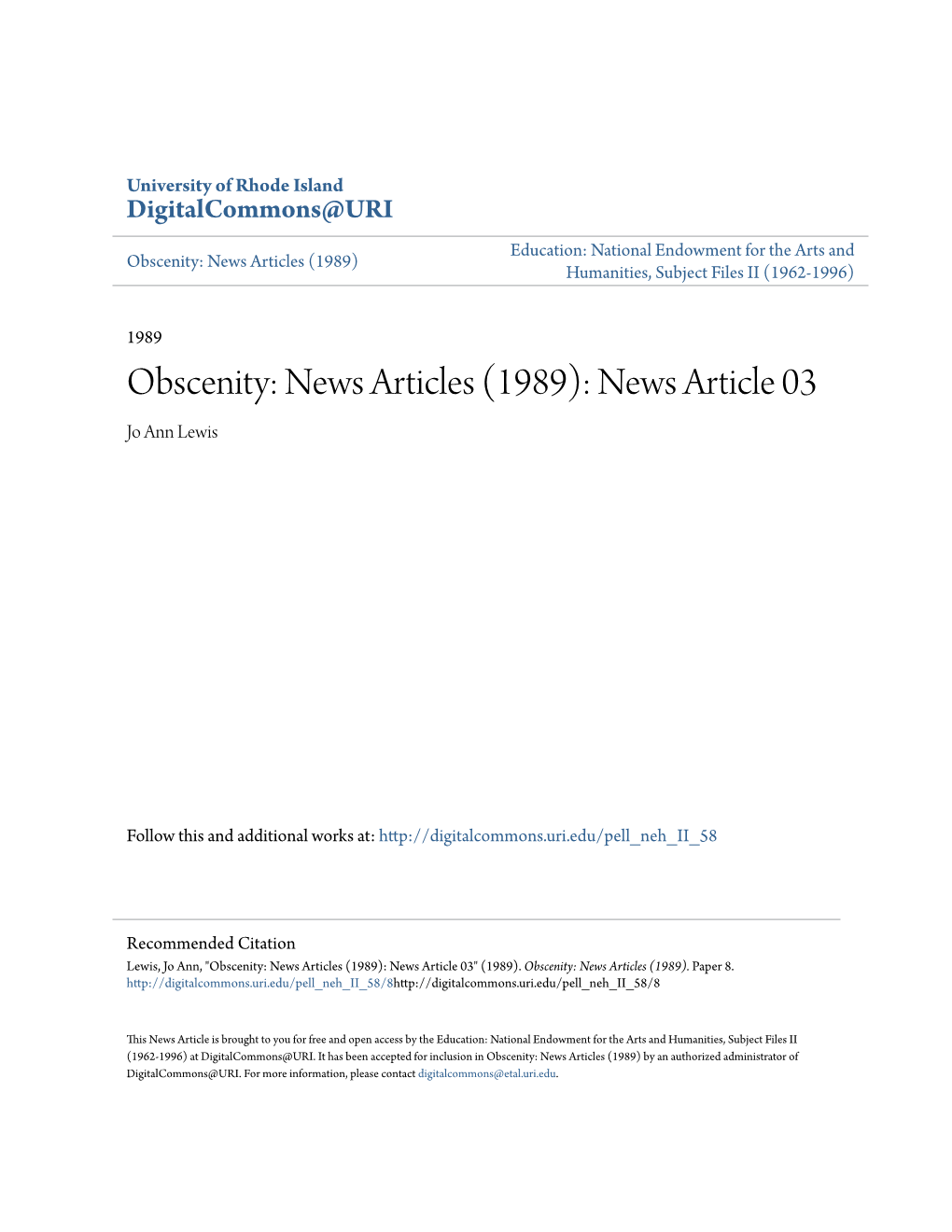 Obscenity: News Articles (1989) Humanities, Subject Files II (1962-1996)