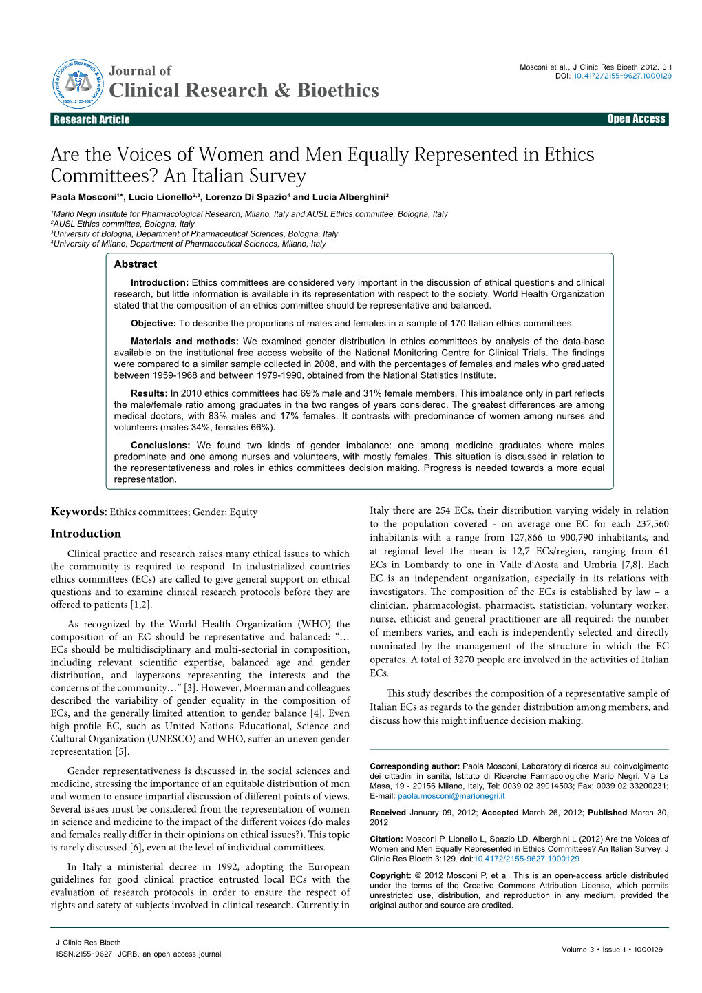 Are the Voices of Women and Men Equally Represented in Ethics Committees? an Italian Survey