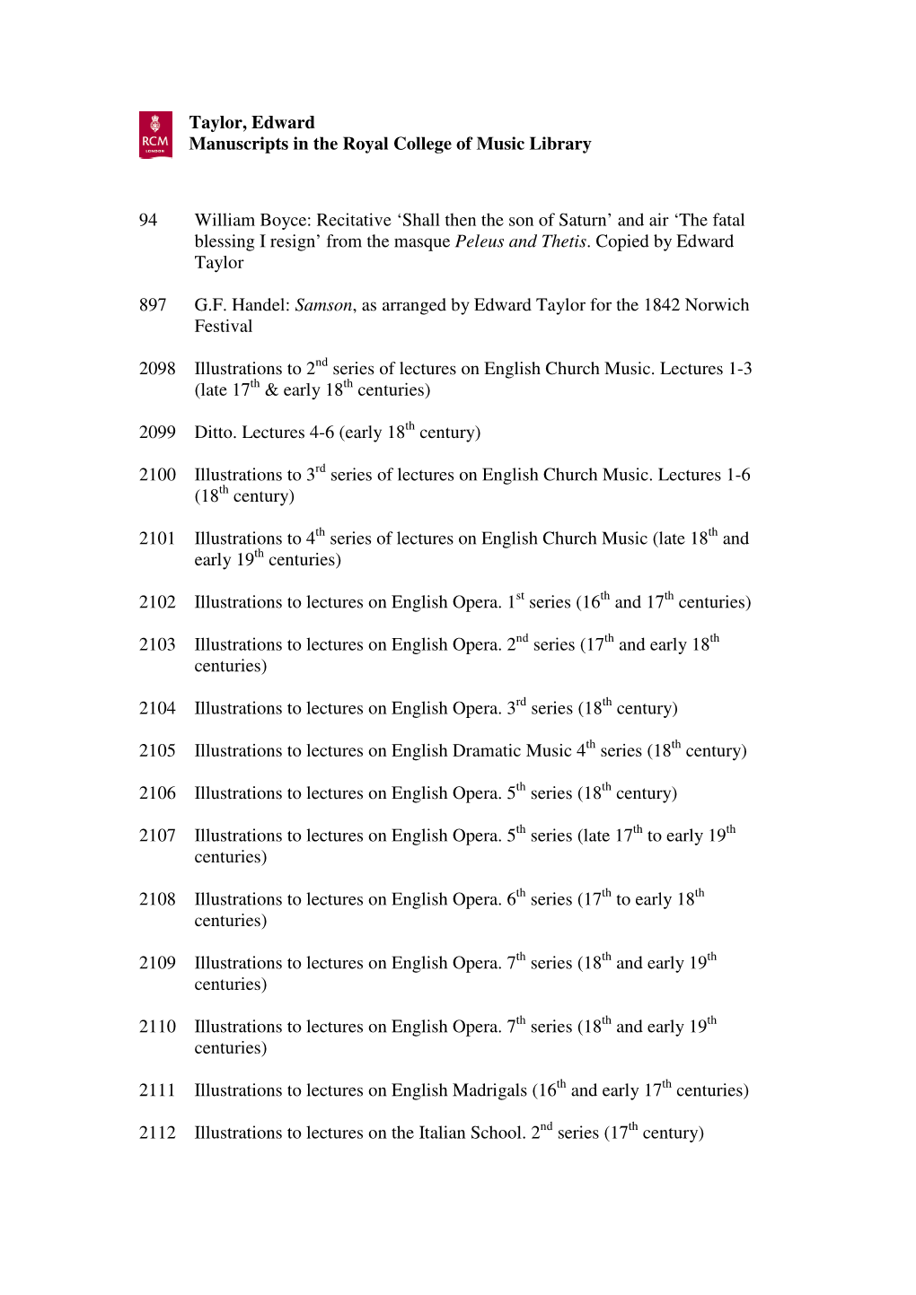 Taylor, Edward Manuscripts in the Royal College of Music Library 94