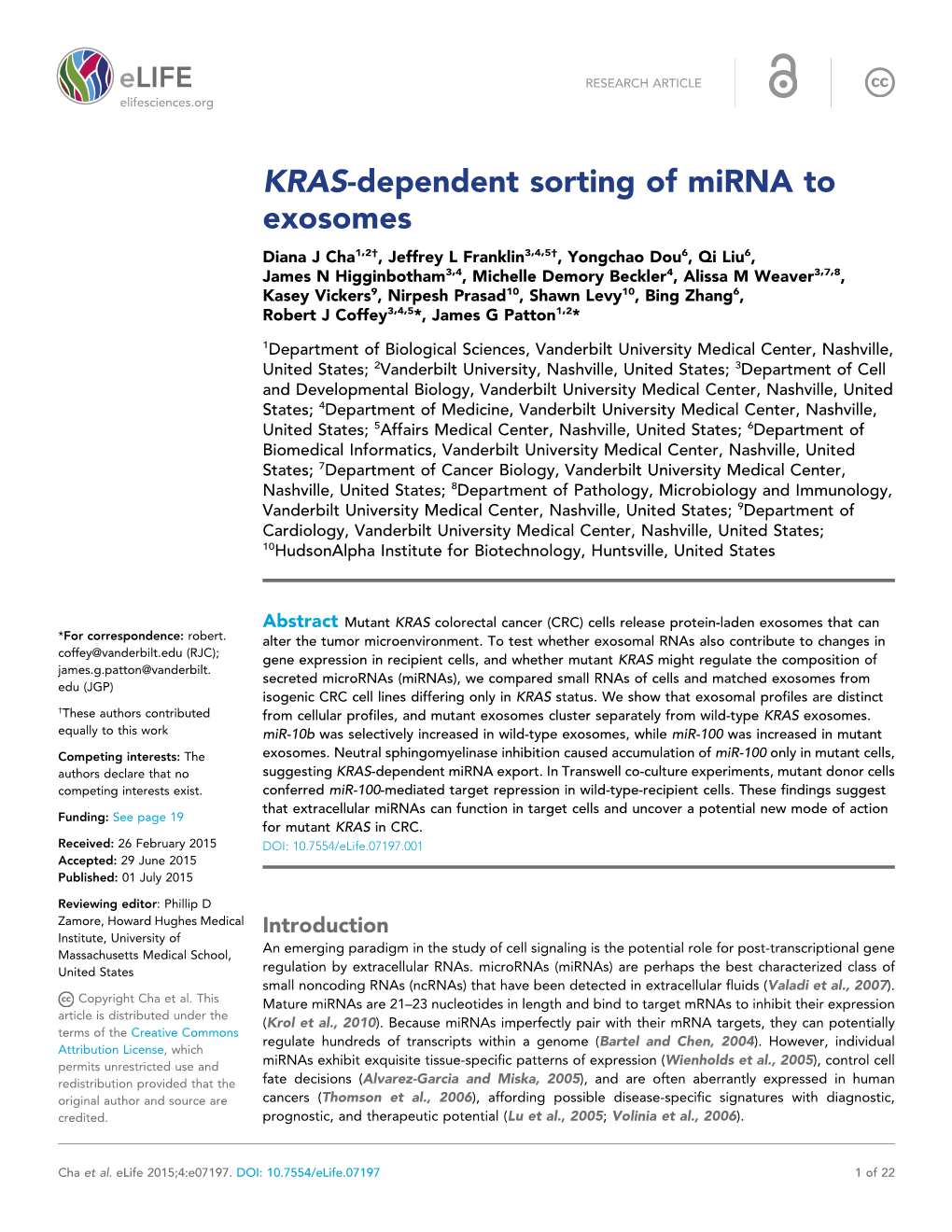 KRAS-Dependent Sorting of Mirna to Exosomes
