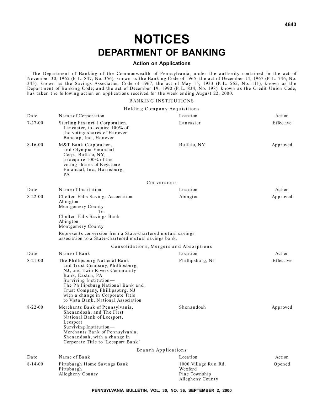 NOTICES DEPARTMENT of BANKING Action on Applications