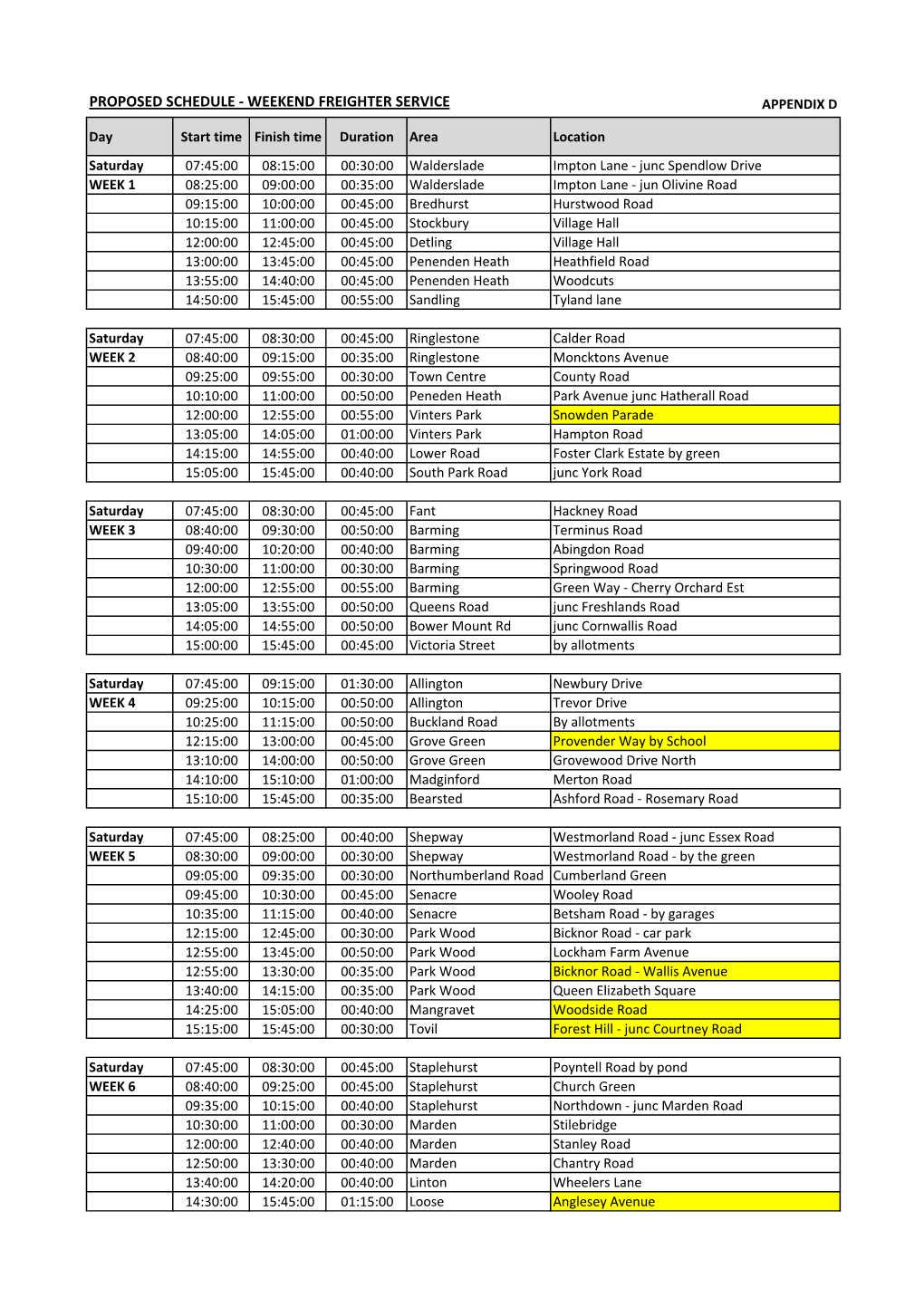 Proposed Schedule - Weekend Freighter Service Appendix D