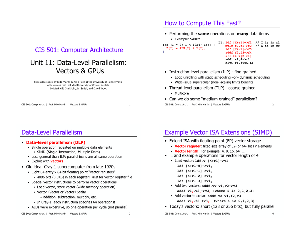 Unit 11: Data-Level Parallelism: Vectors & Gpus