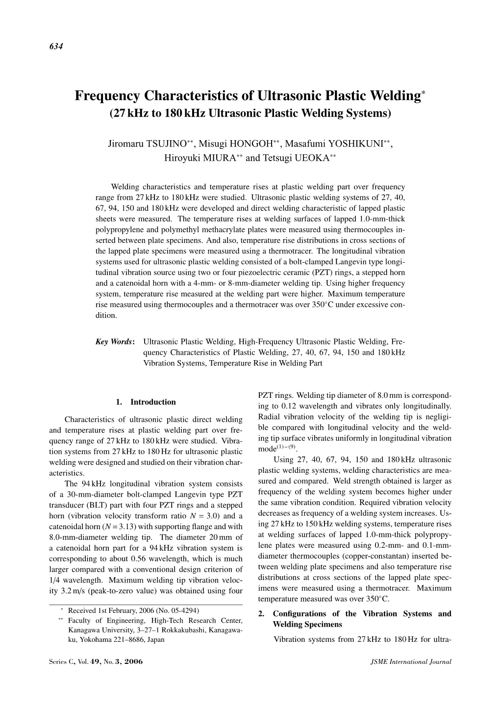 Frequency Characteristics of Ultrasonic Plastic Welding∗ (27 Khz to 180 Khz Ultrasonic Plastic Welding Systems)