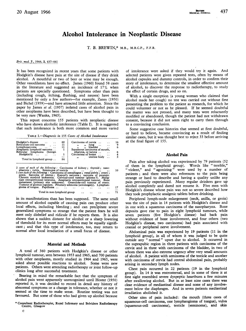 Alcohol Intolerance in Neoplastic Disease