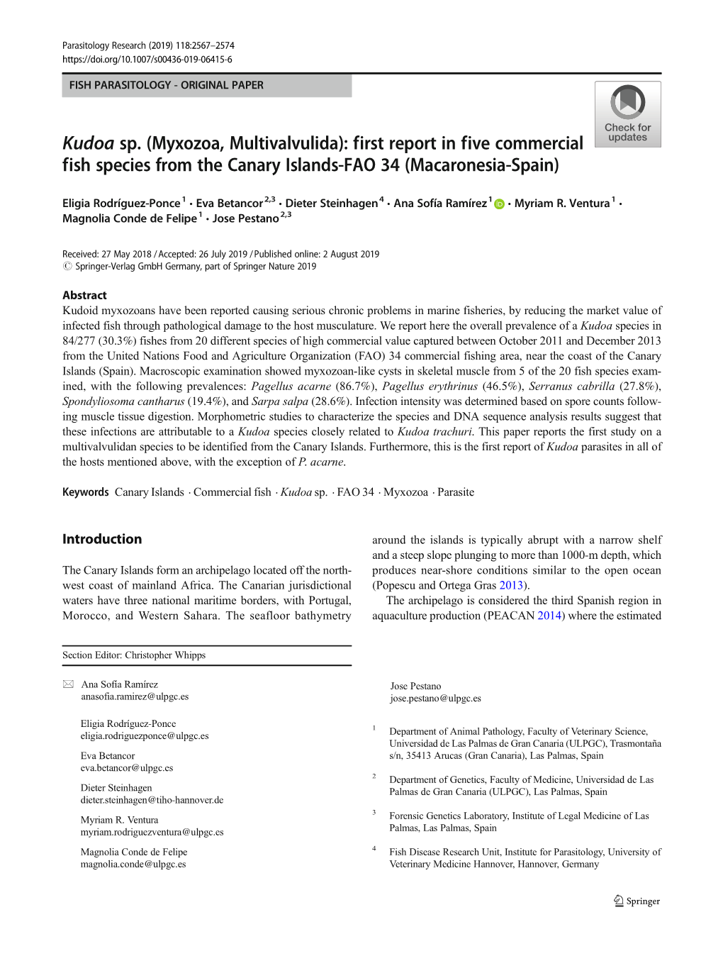 Kudoa Sp. (Myxozoa, Multivalvulida): First Report in Five Commercial Fish Species from the Canary Islands-FAO 34 (Macaronesia-Spain)