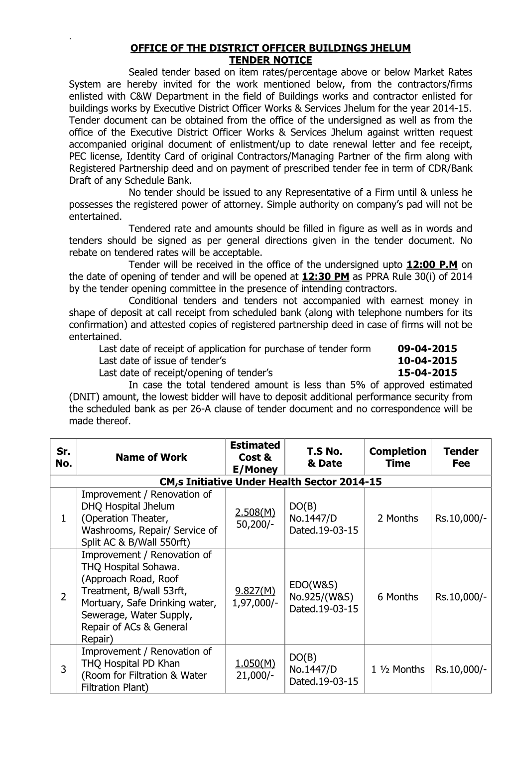 Office of the District Officer Buildings Jhelum Tender