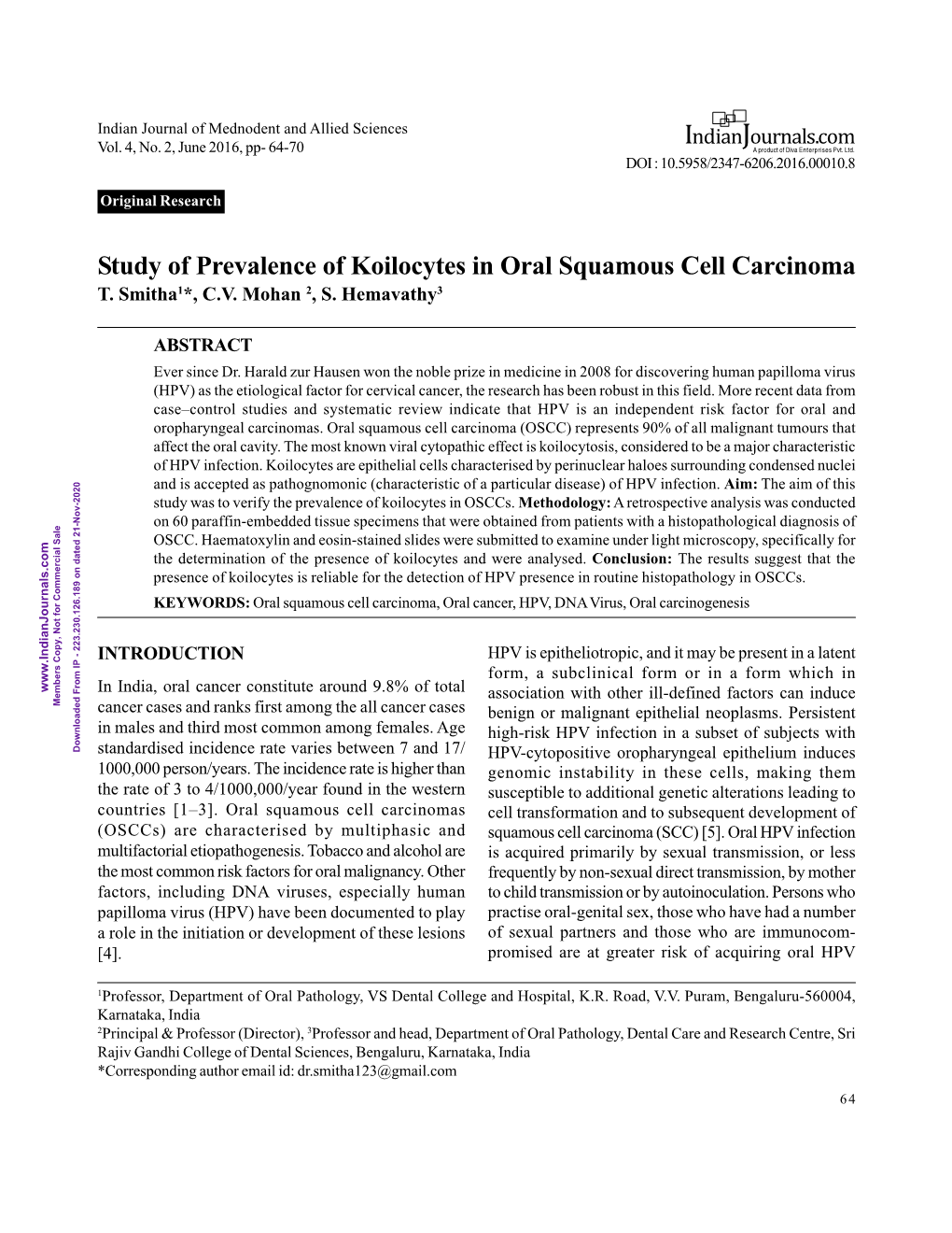 Study of Prevalence of Koilocytes in Oral Squamous Cell Carcinoma