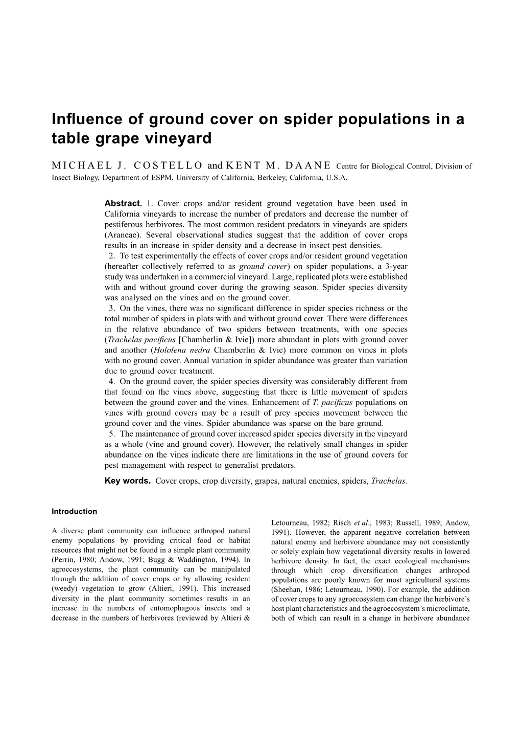 Influence of Ground Cover on Spider Populations in a Table Grape Vineyard