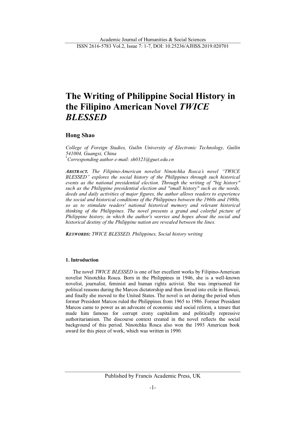 The Writing of Philippine Social History in the Filipino American Novel TWICE BLESSED