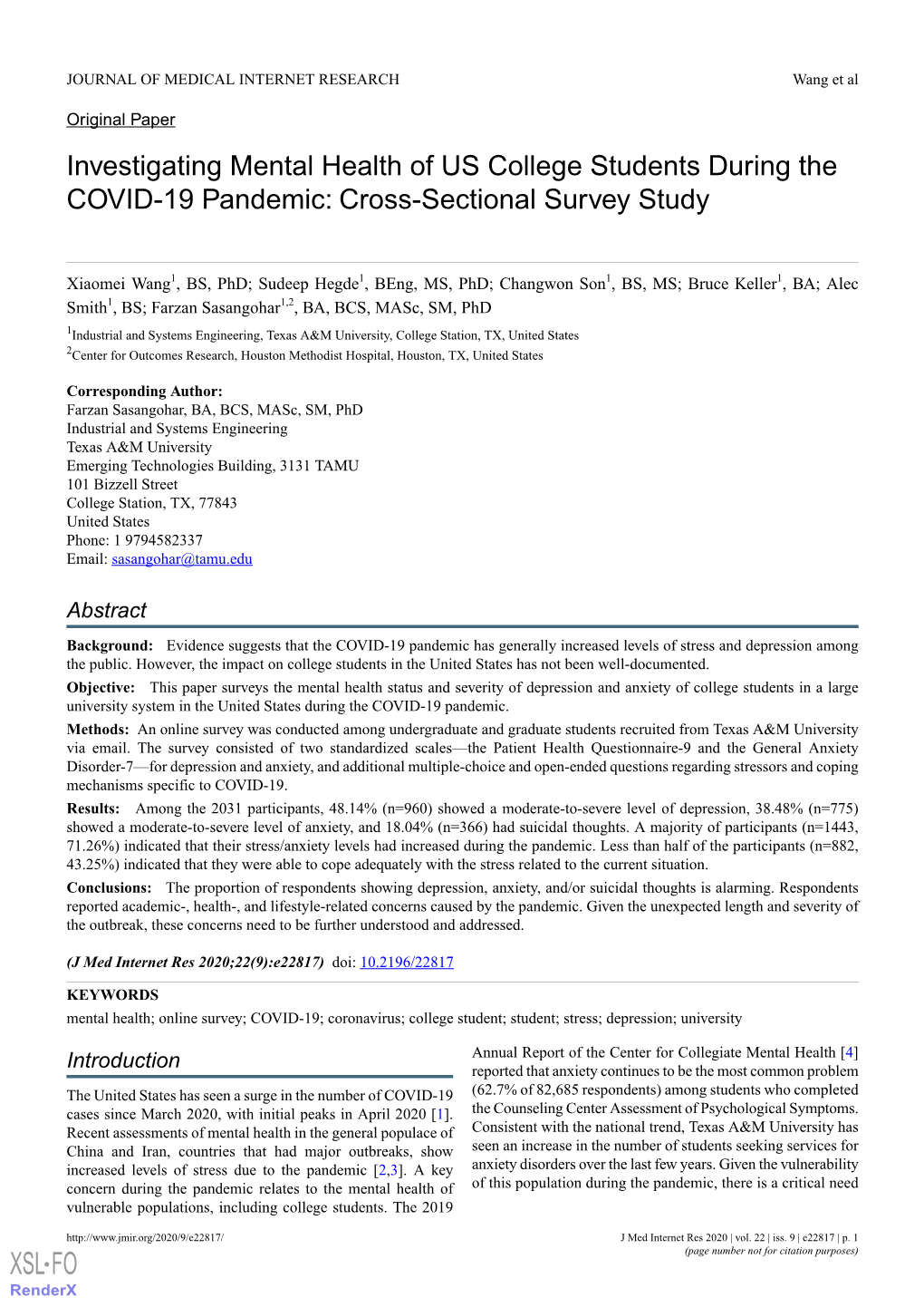 Investigating Mental Health of US College Students During the COVID-19 Pandemic: Cross-Sectional Survey Study