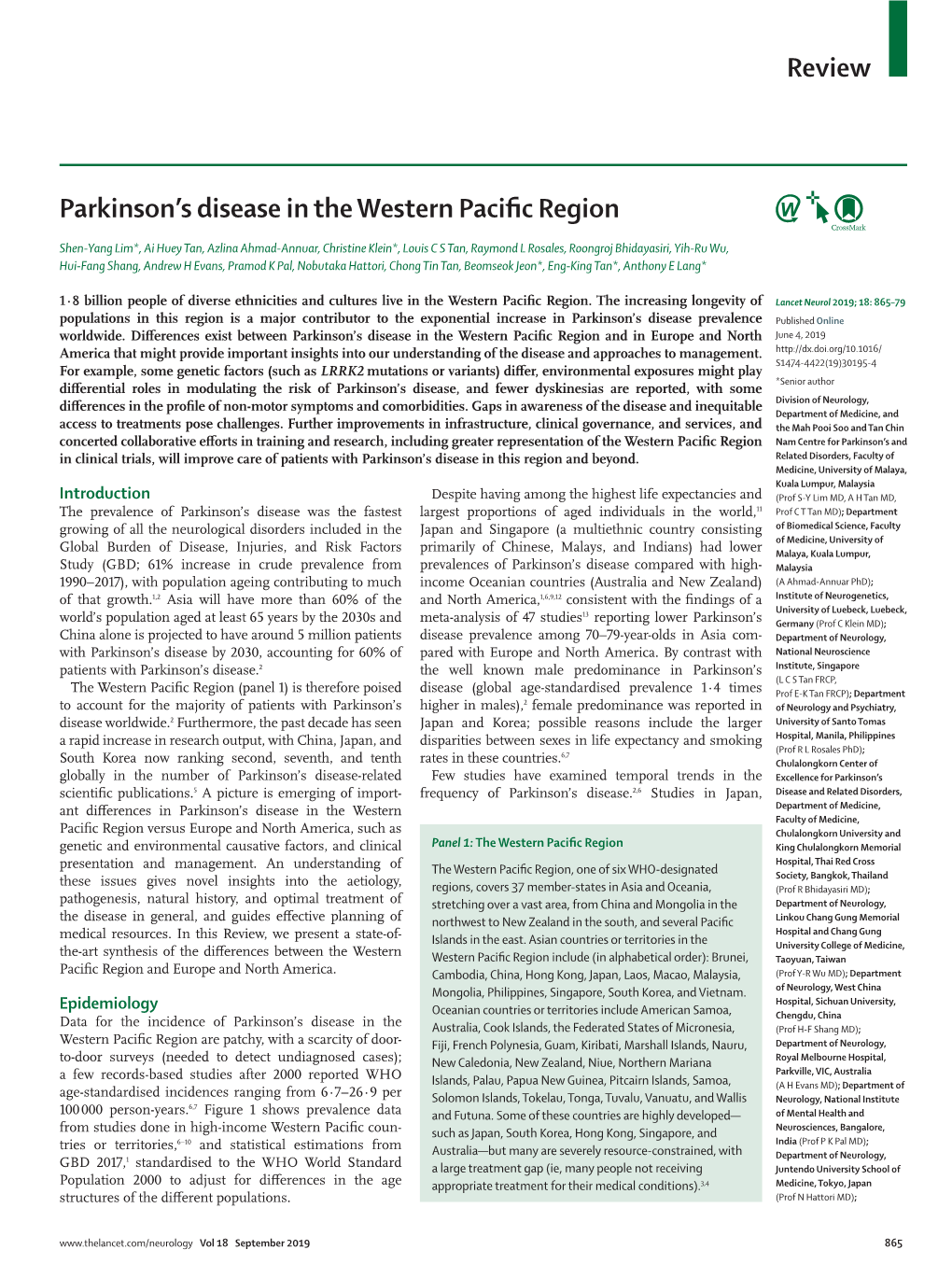 Parkinson's Disease in the Western Pacific Region