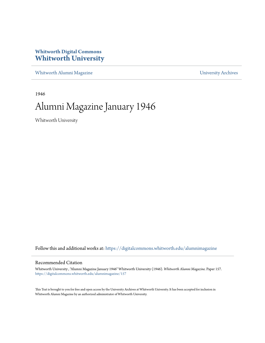 Alumni Magazine January 1946 Whitworth University