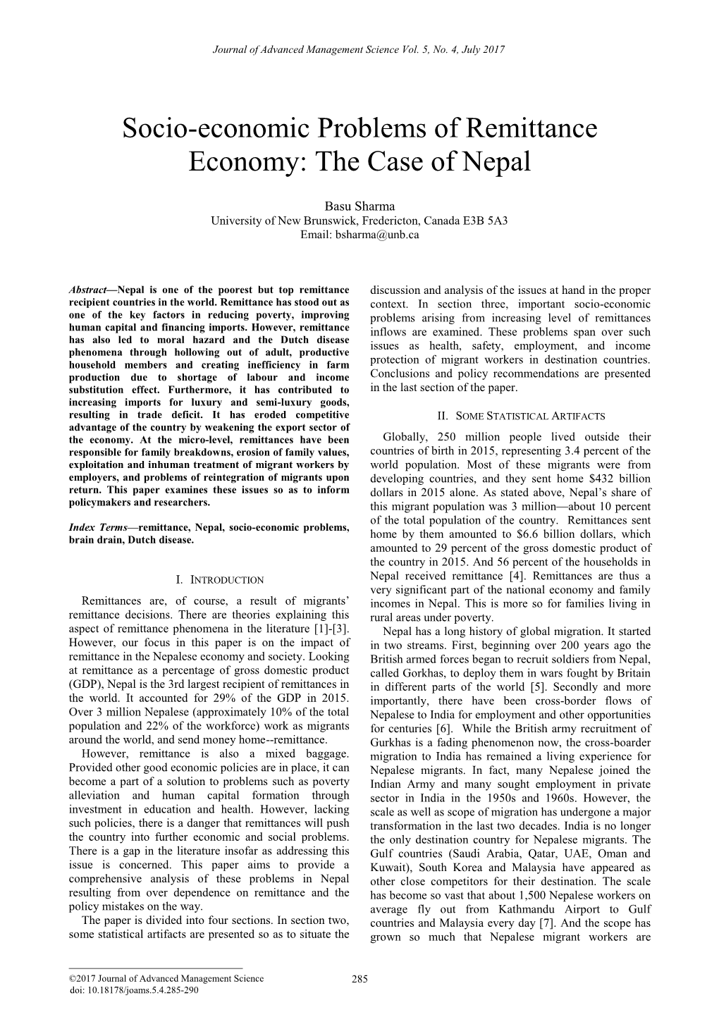 Socio-Economic Problems of Remittance Economy: the Case of Nepal