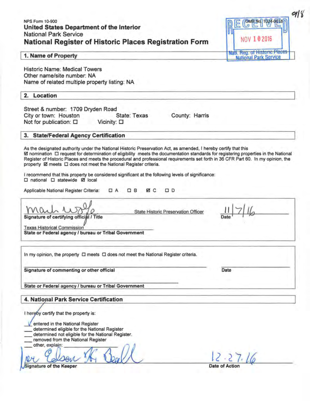 Medical Towers Other Name/Site Number: NA Name of Related Multiple Property Listing: NA