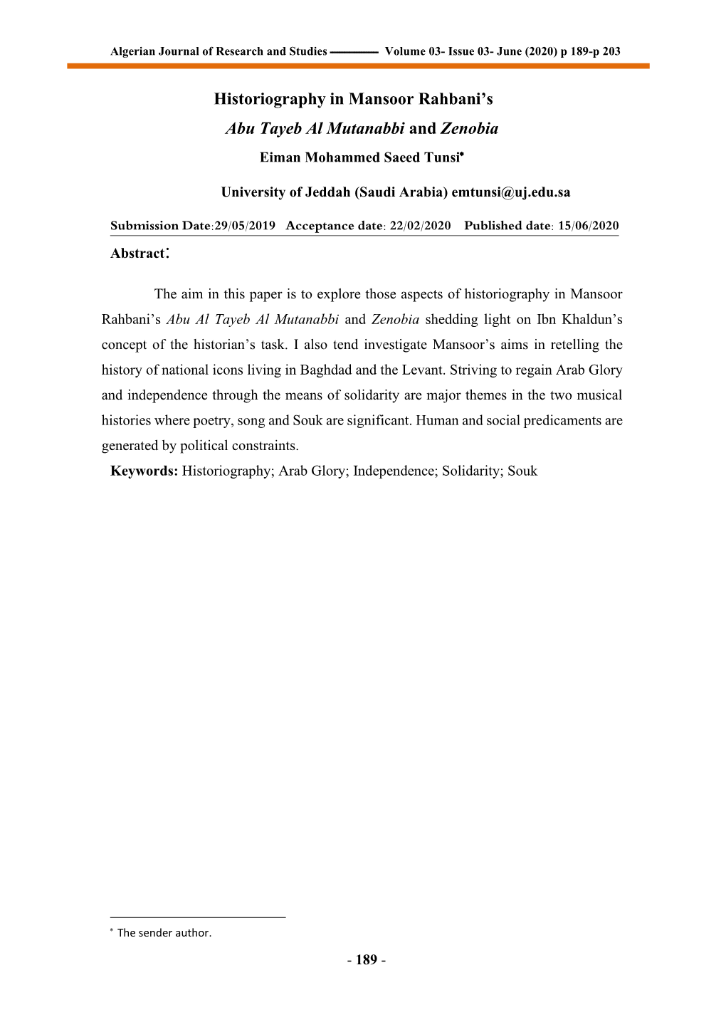 Historiography in Mansoor Rahbani's Abu Tayeb Al Mutanabbi and Zenobia