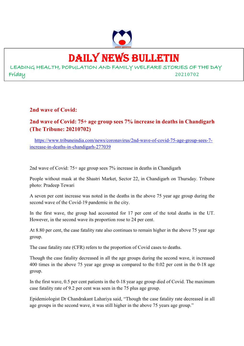DAILY NEWS BULLETIN LEADING HEALTH, POPULATION and FAMILY WELFARE STORIES of the DAY Friday 20210702