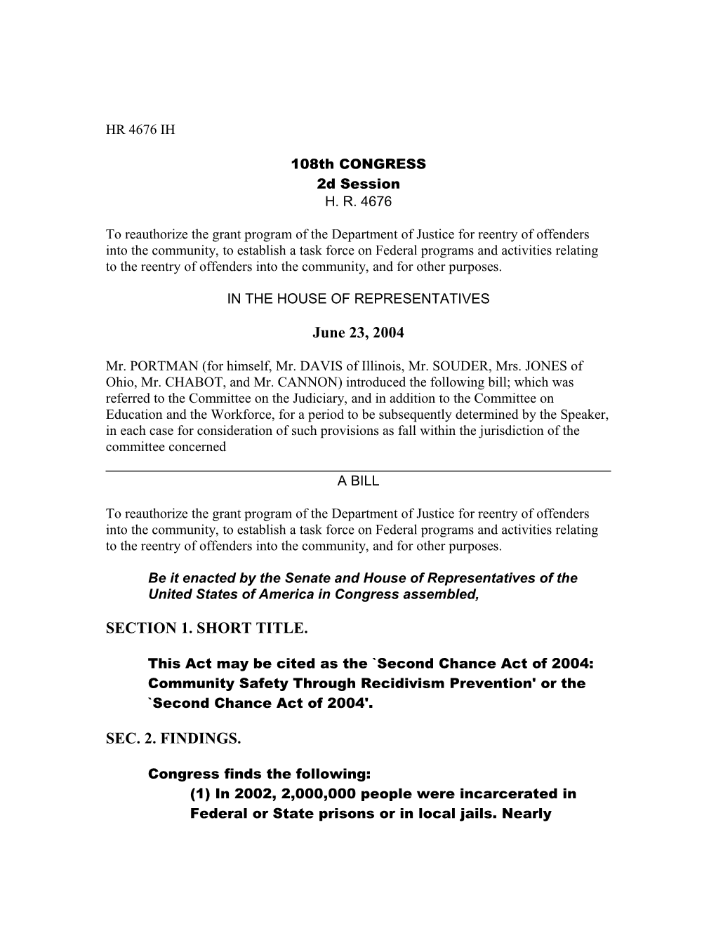 To Reauthorize the Grant Program of the Department of Justice for Reentry of Offenders