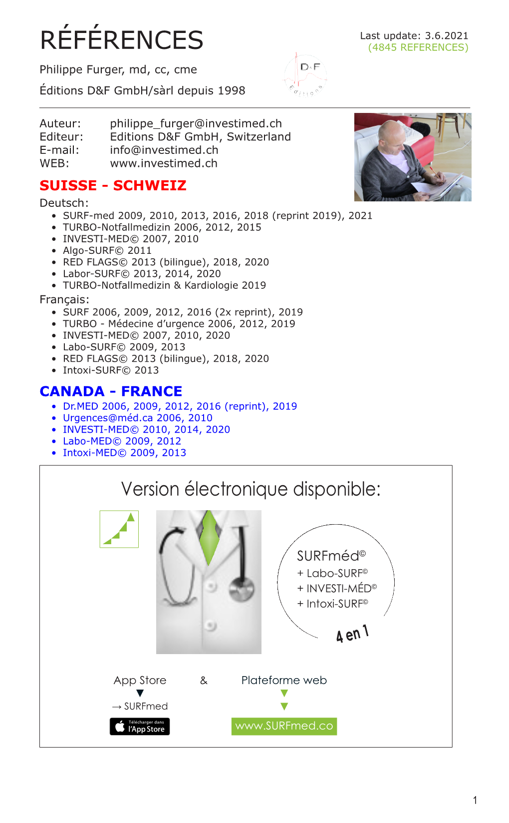 RÉFÉRENCES (4845 REFERENCES) Philippe Furger, Md, Cc, Cme Éditions D&F Gmbh/Sàrl Depuis 1998