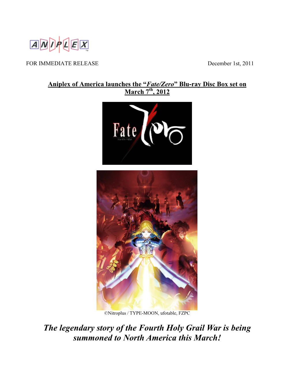 Fate/Zero” Blu-Ray Disc Box Set on March 7Th, 2012