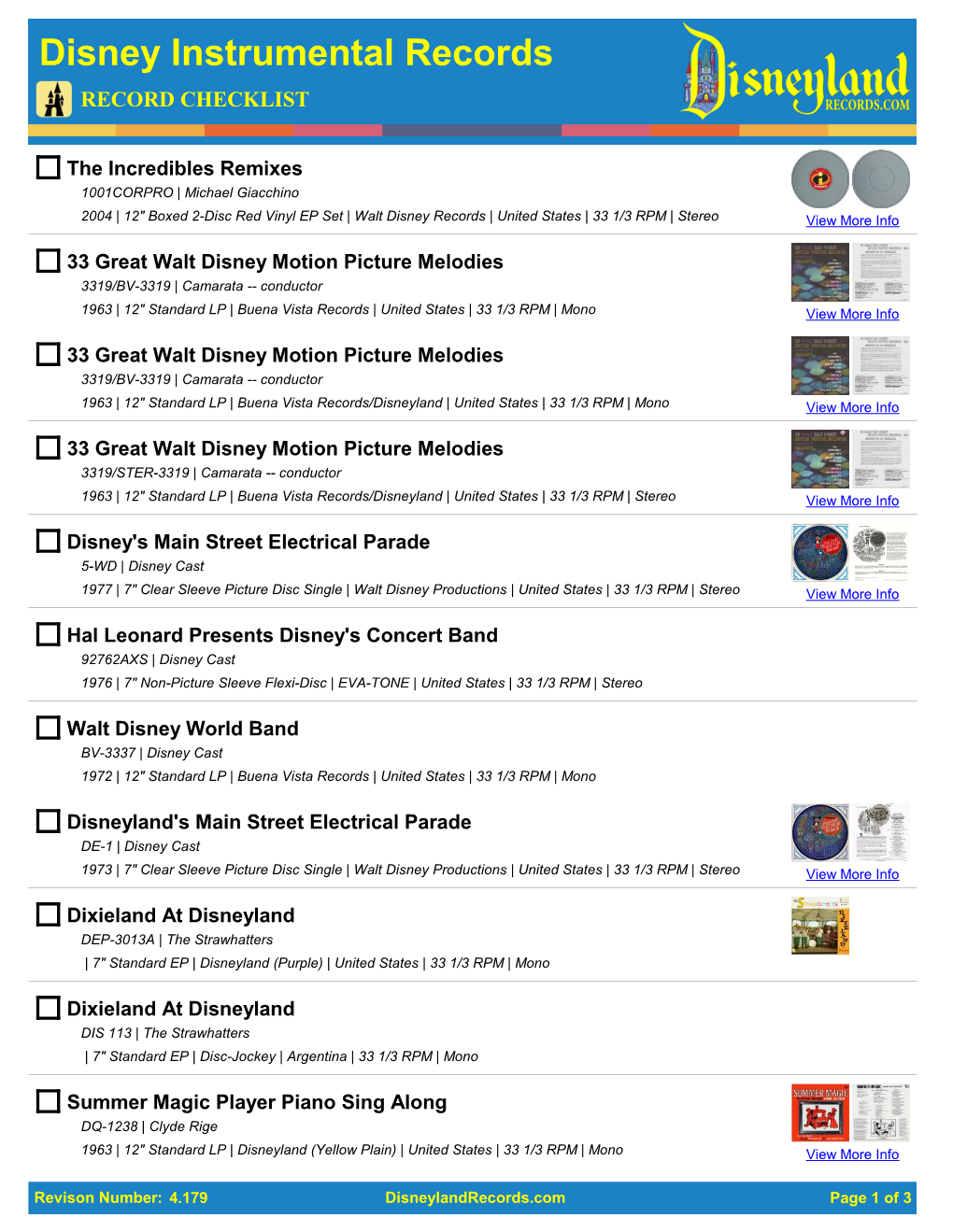 Disney Instrumental Records RECORD CHECKLIST