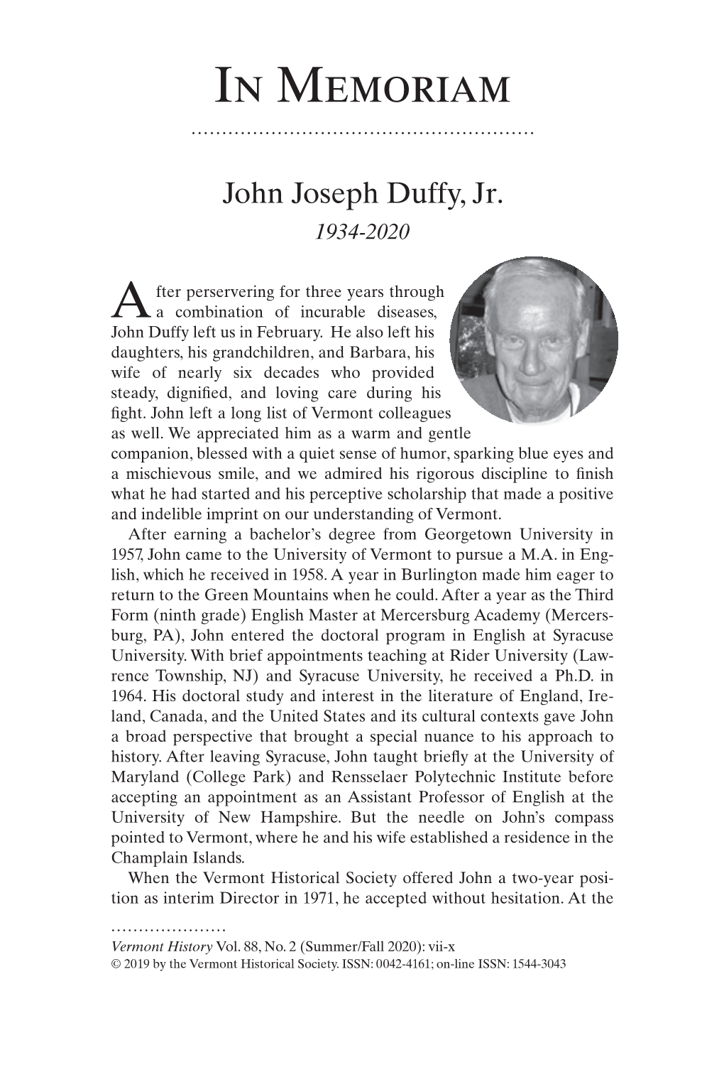 In Memoriam: John Joseph Duffy, Jr. (1934-2020)