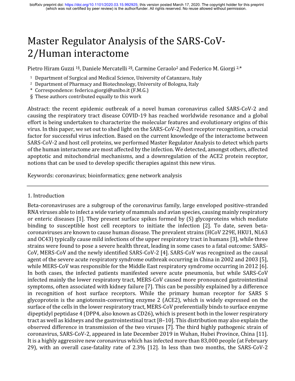 Master Regulator Analysis of the SARS-Cov- 2/Human Interactome