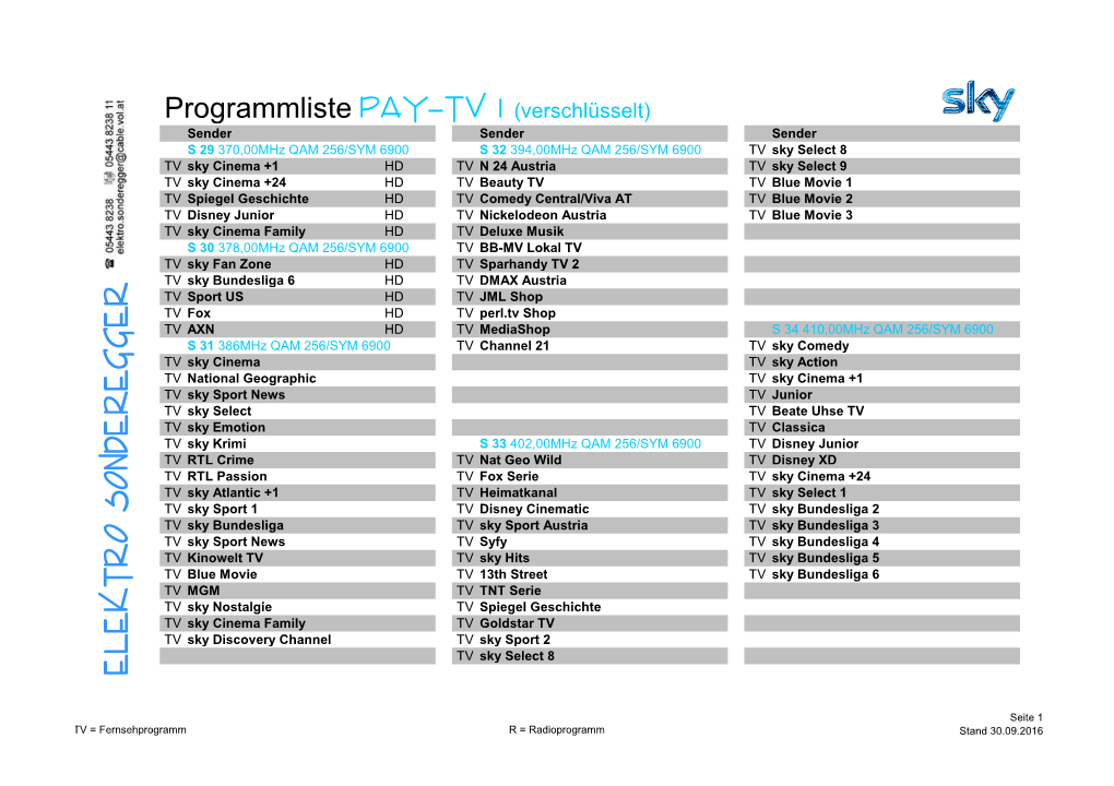 Programmliste Pay-TV 1 (Verschlüsselt)