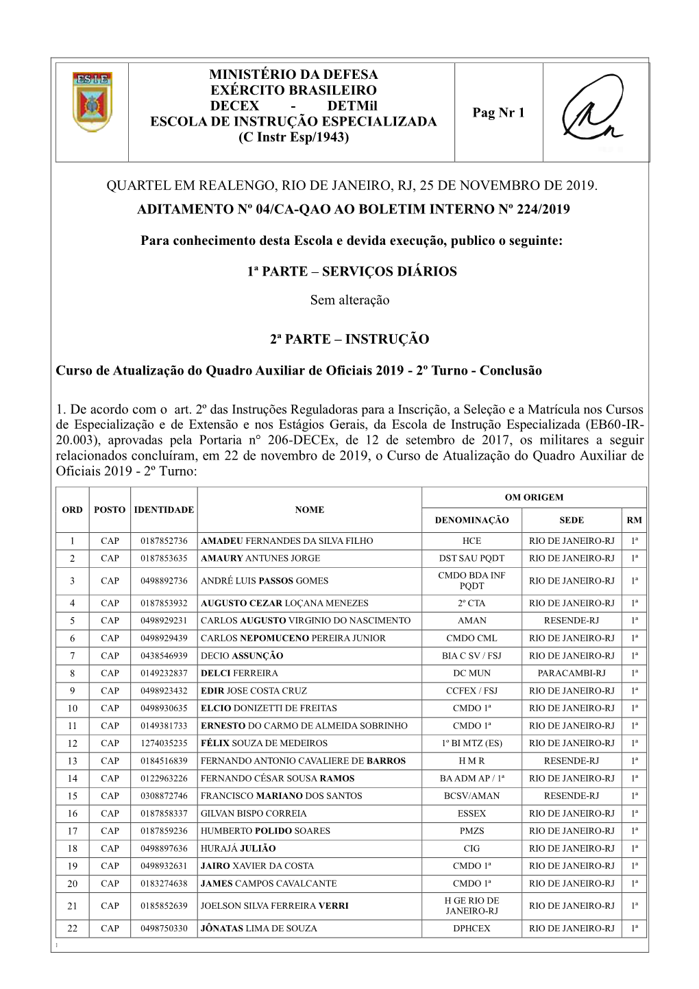 MINISTÉRIO DA DEFESA EXÉRCITO BRASILEIRO DECEX - Detmil Pag Nr 1 ESCOLA DE INSTRUÇÃO ESPECIALIZADA