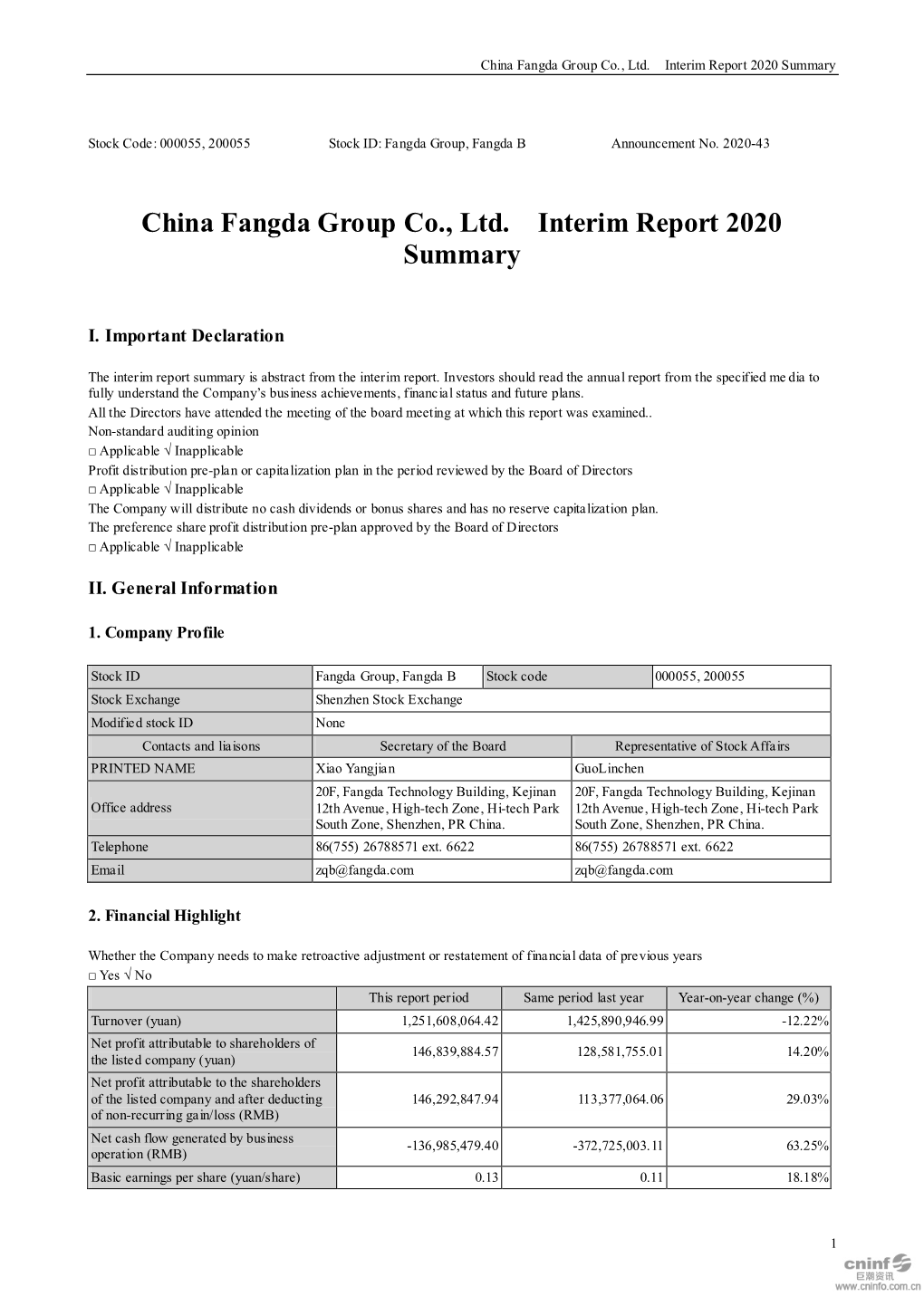 China Fangda Group Co., Ltd. Interim Report 2020 Summary