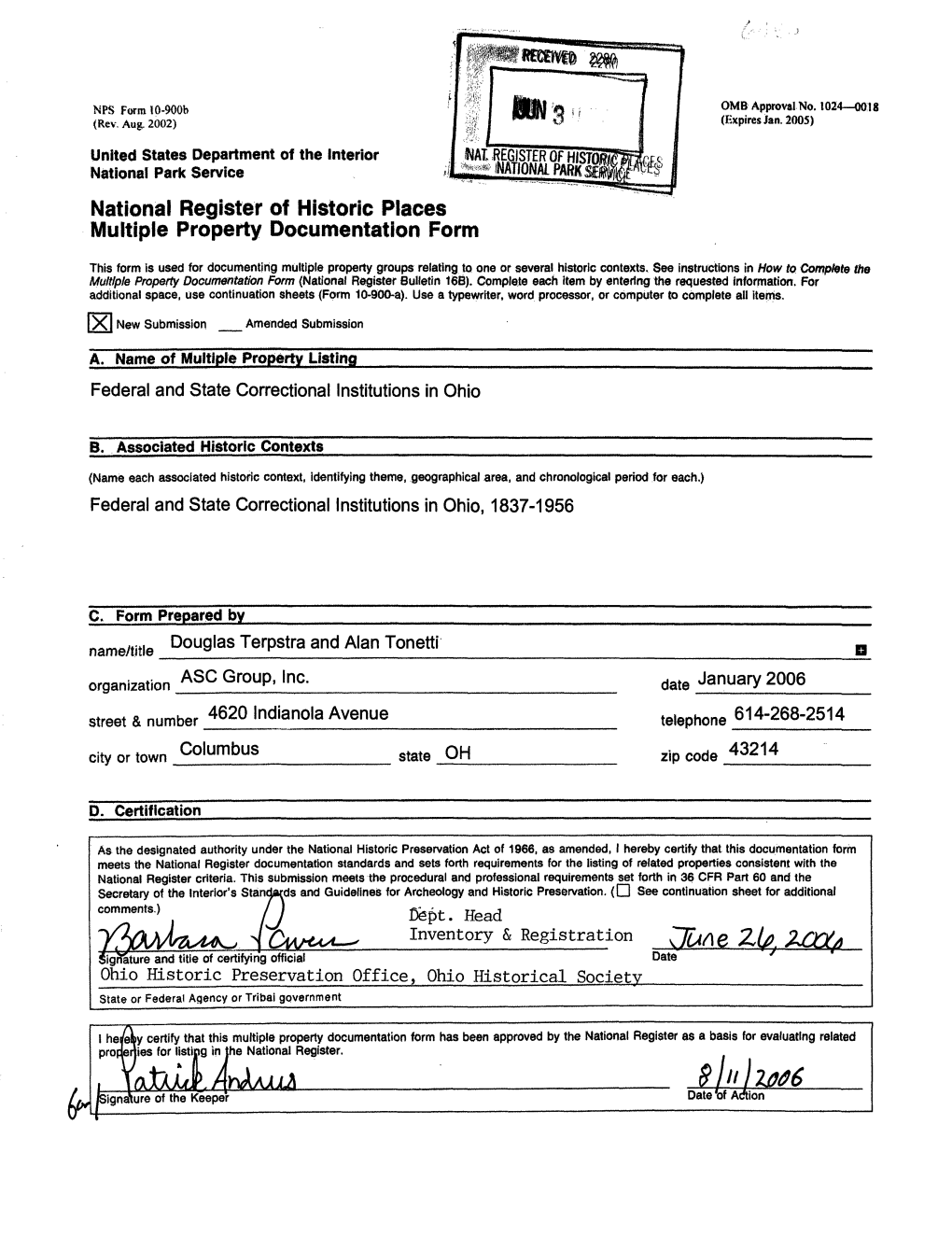 $ In12006 Signature of the Keeper Date 'Of Adtion Federal and State Correctional Institutions in Ohio Ohio Name of Multiple Property Listing State