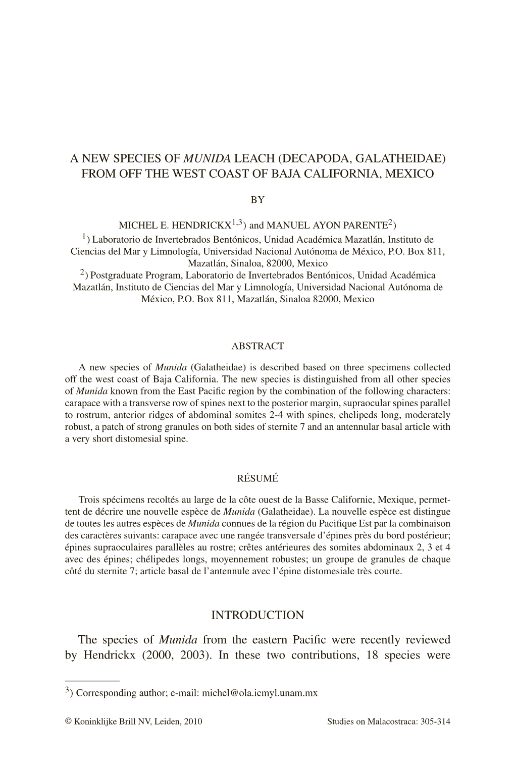 A New Species of Munida Leach (Decapoda, Galatheidae) from Off the West Coast of Baja California, Mexico