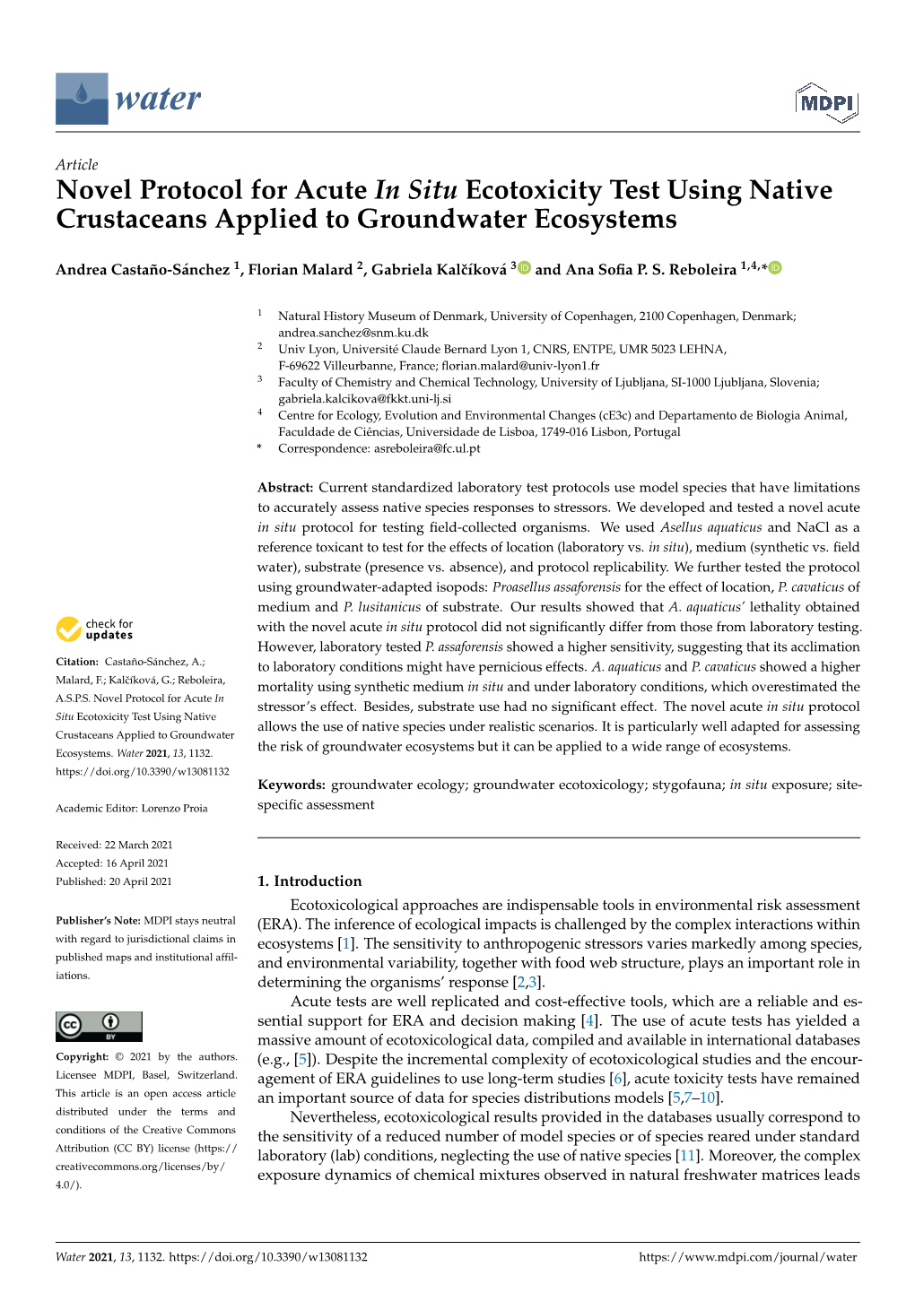 Novel Protocol for Acute in Situ Ecotoxicity Test Using Native Crustaceans Applied to Groundwater Ecosystems