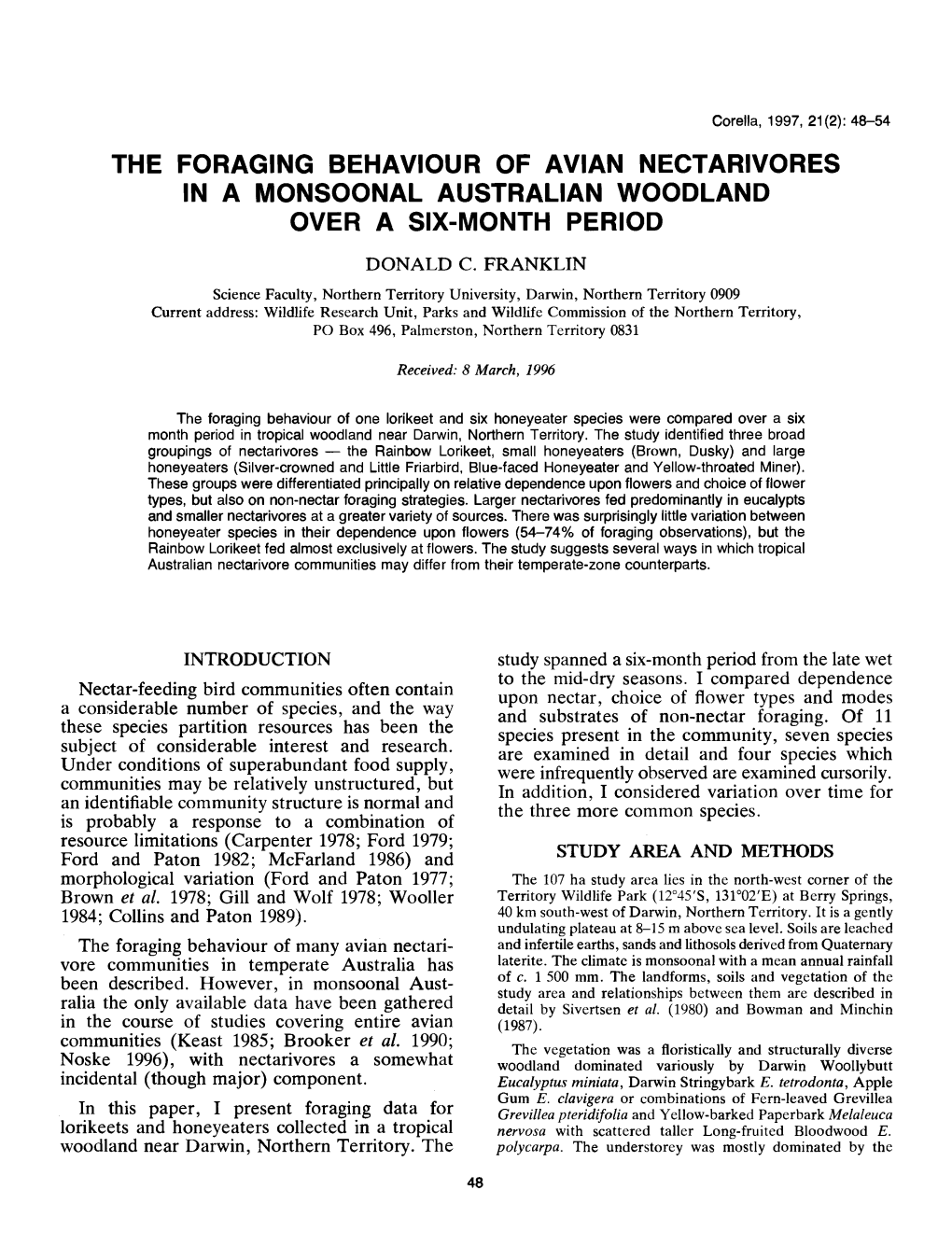 The Foraging Behaviour of Avian Nectarivores in a Monsoonal Australian Woodland Over a Six-Month Period